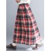 Women Vintage Elastic Waist Plaid A-line Maxi Skirts with Pockets