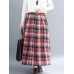 Women Vintage Elastic Waist Plaid A-line Maxi Skirts with Pockets