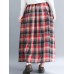 Women Vintage Elastic Waist Plaid A-line Maxi Skirts with Pockets