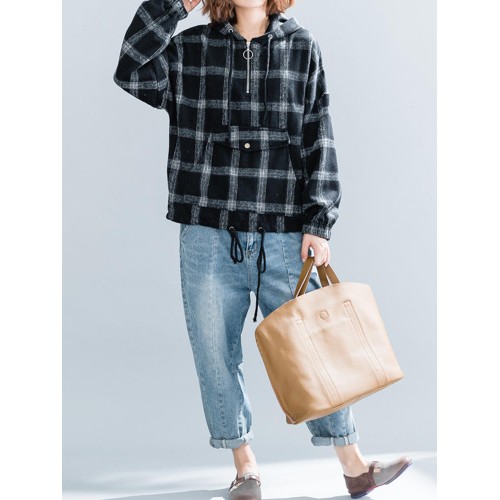 Women Sport Long Sleeve Plaid Pocket Zipper Hoodies Sweatshirts