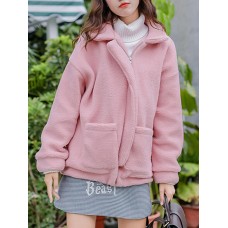 Women Fluffy Causal Pink Fleece Long Sleeve Zipper Pockets Coats