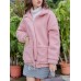 Women Fluffy Causal Pink Fleece Long Sleeve Zipper Pockets Coats