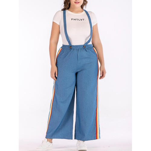 Women Denim Straps Rainbow Elastic Waist Wide Leg Pants