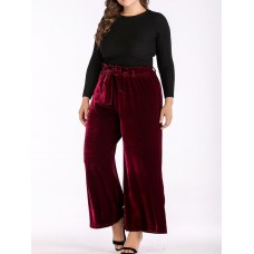 Women Elegant Velvet Elastic Waist Wide Leg Pants with Belt