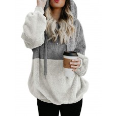 Plus Size Women Casual Two Tone Patchwork Fleece Hooded Sweatshirt