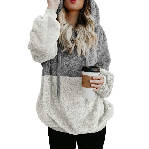 Plus Size Women Casual Two Tone Patchwork Fleece Hooded Sweatshirt