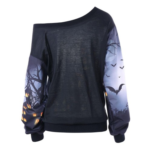 Halloween Women Long Sleeve One Shoulder Sweatshirt