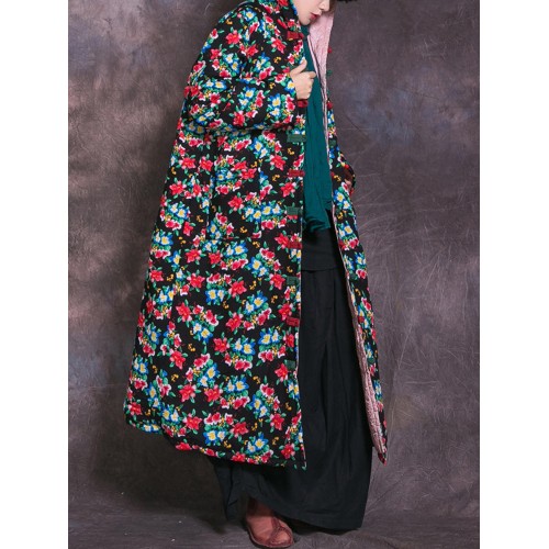 Women Vintage Floral Print Frog Button Hooded Winter Long Coats