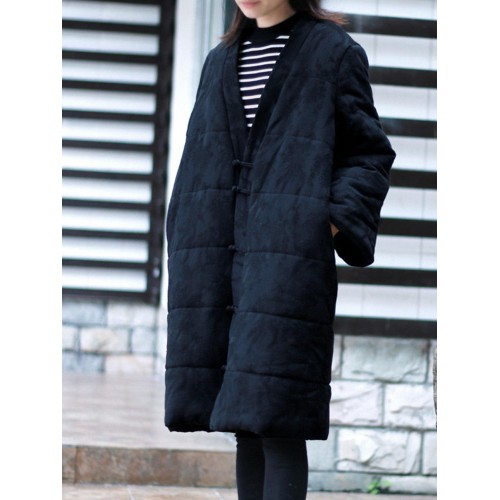 Women Vintage Frog Button Jacquard Winter Thick Long Coats with Pockets