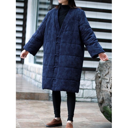 Vintage Frog Button Jacquard Pockets Winter Long Coats For Women