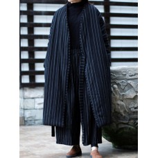 Vintage Stripe Long Sleeve Waist Tie Winter Long Coats For Women