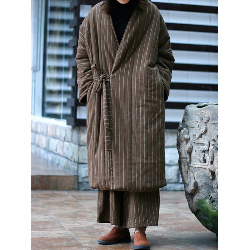 Women Vintage Stripe Waist Tie Winter Long Coats with Pockets