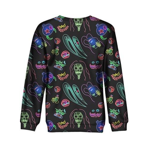 Women Halloween Skull Print Crew Neck Long Sleeve Sweatshirt