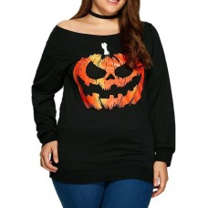 Women Halloween Pumpkin Print Long Sleeve Loose Sweatshirt