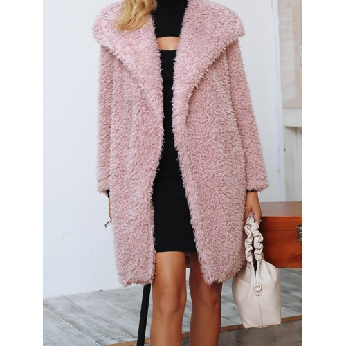 Women Fleece Lapel Solid Color Winter Long Jacket Coats