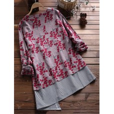 Plus Size Vintage Floral Print Patchwork Plaid Long Sleeve Blouse