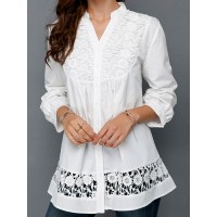 S-5XL Elegant Lace Patchwork V-neck Hollow Out Long Sleeve Blouse