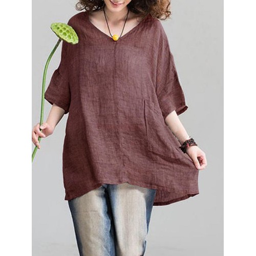 Plus Size Vintage Women Solid Color V-neck Half Sleeve Blouse