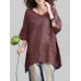 Plus Size Vintage Women Solid Color V-neck Half Sleeve Blouse