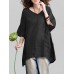 Plus Size Vintage Women Solid Color V-neck Half Sleeve Blouse