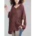 Plus Size Vintage Women Solid Color V-neck Half Sleeve Blouse