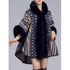 Women Elegant Stripe Printed Hooded Fur Collar Cloak Cape Coats