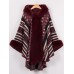 Women Elegant Stripe Printed Hooded Fur Collar Cloak Cape Coats