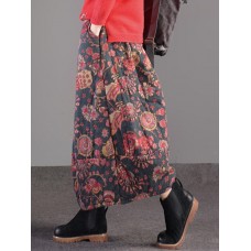 Women Vintage Floral Print Elastic Waist Baggy Long Skirts
