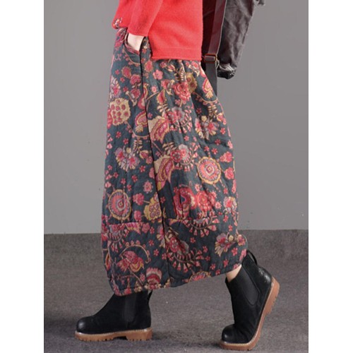 Women Vintage Floral Print Elastic Waist Baggy Long Skirts