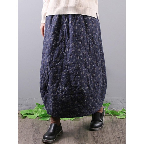 Vintage Floral Print Elastic Waist Pockets Baggy Long Maxi Skirts