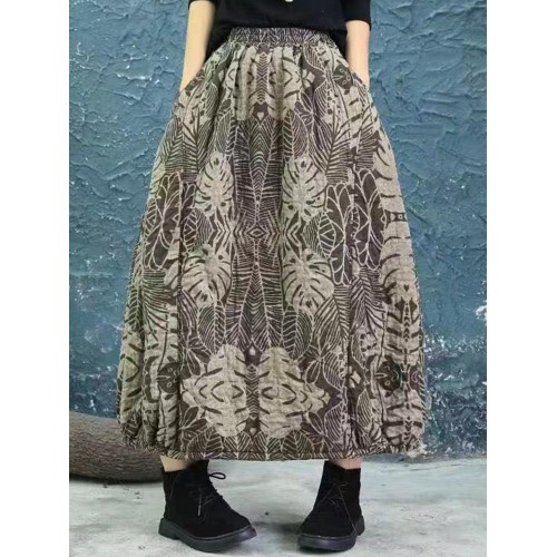 Vintage Women Floral Print Autumn Winter Baggy Skirts