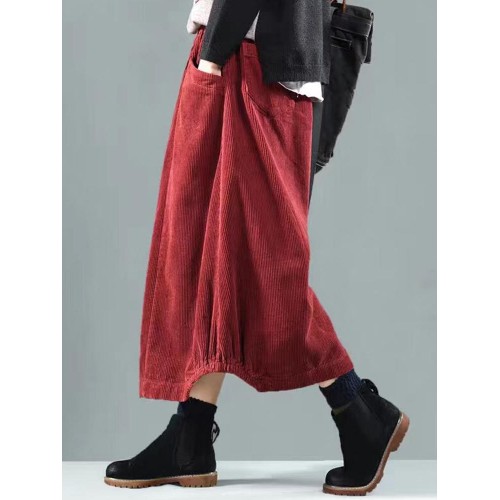 Women Vintage Corduroy Elastic Waist Baggy Winter Skirts