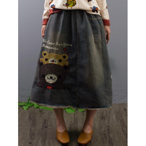 Casual Cartoon Print Elastic Waist Denim Skirts with Pockets