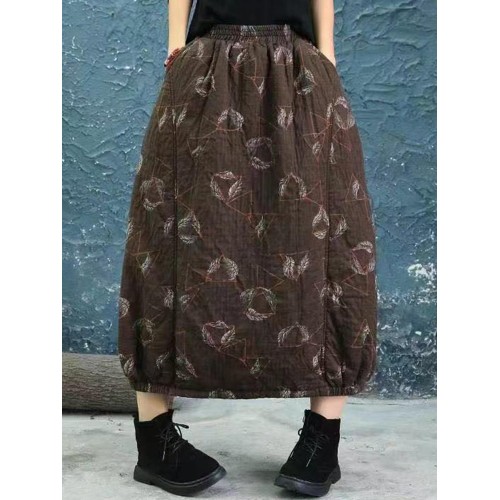 Women Vintage Feather Print Elastic Waist Winter Skirts