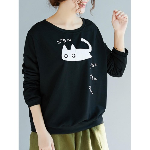 Cartoon Cat Print Crew Neck Long Sleeve Women Sweatshirt