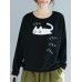 Cartoon Cat Print Crew Neck Long Sleeve Women Sweatshirt