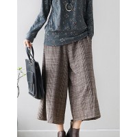 Vintage Plaid Elastic Waist Wide Leg Pockets Pants for Women