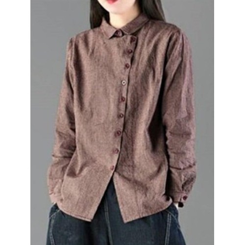 Women Vintage Turn-down Collar Long Sleeve Plaid Button Shirts